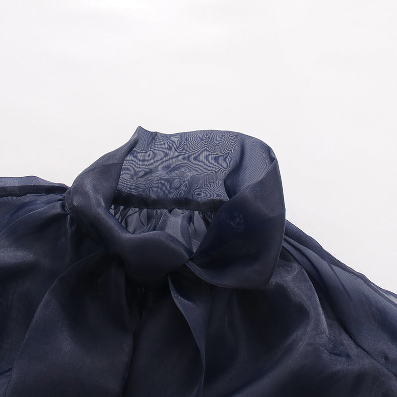 Navy Organza Bow Neck Drawstring Waist Sheer Long Sleeve Blouse